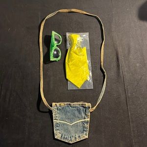 Denim pocket clutch + neon green tie + sunglasses